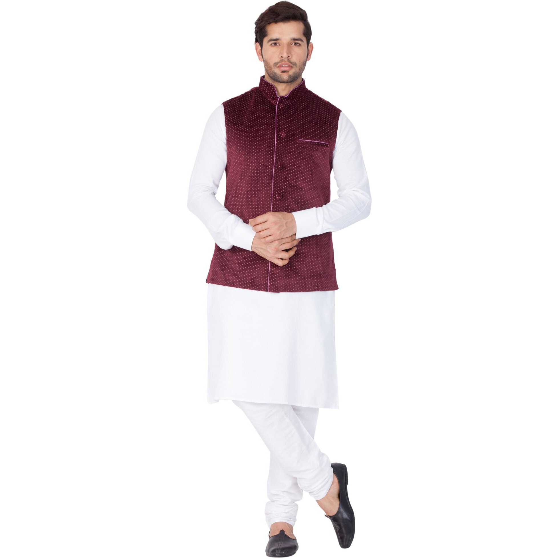 VASTRAMAY Men Cotton Kurta Modi Jacket and Pyjama Set (White_VASMKPWH014nMJT014MA_38)