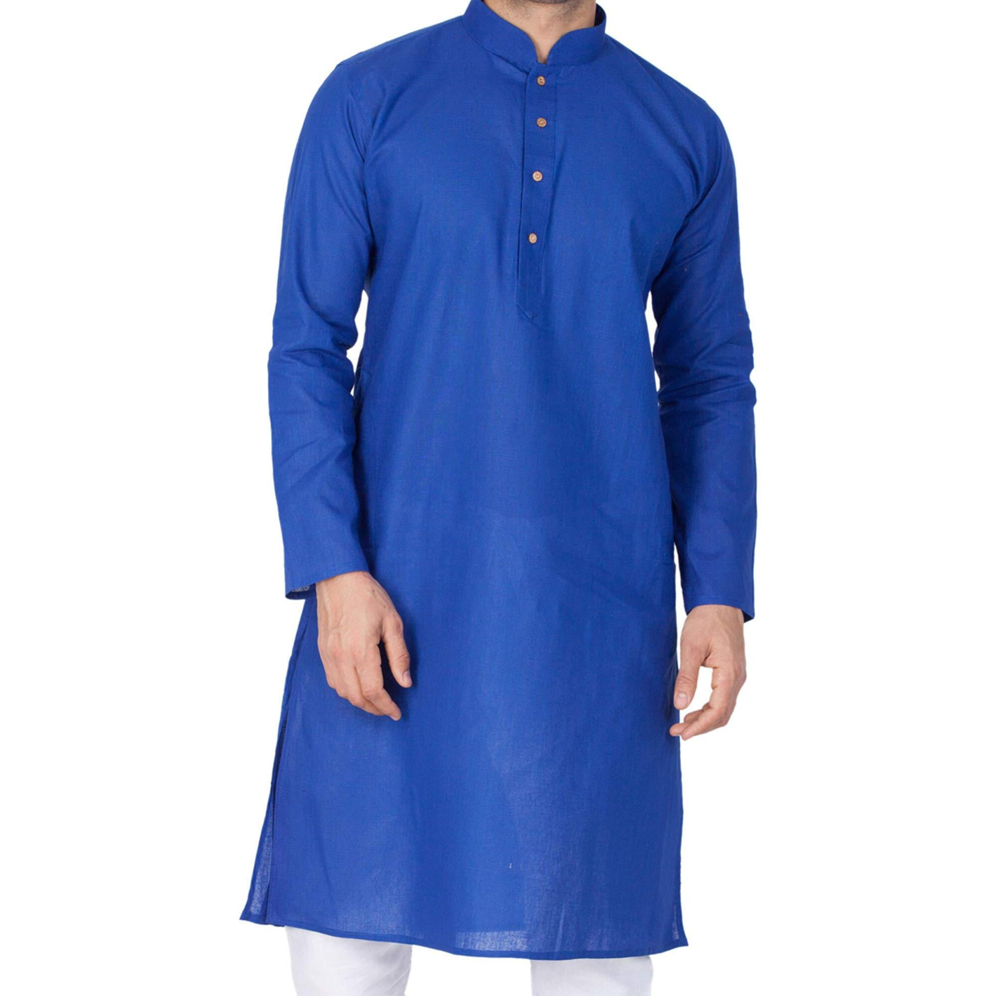 VASTRAMAY Mens Blue Linen Cotton Kurta  Soft & Comfortable | Solid Plain Traditional Ethnic Wear