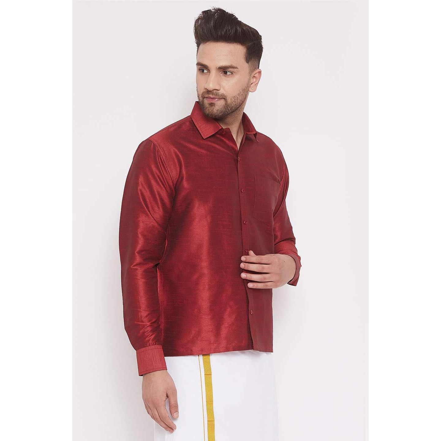 VASTRAMAY Men Maroon Cotton Silk Ethnic Shirt (VASMSH002MA_46)