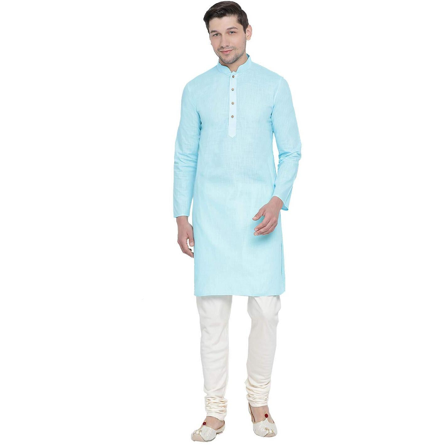 VASTRAMAY Men's Light Blue Cotton Linen Blend Kurta Pyjama Set_VASMK007AQnPLBCR_42