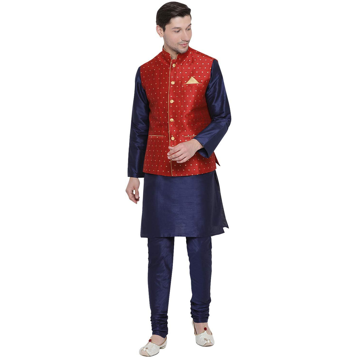 VASTRAMAY Men's Navy Blue Cotton Silk Blend Kurta, Ethnic Jacket and Pyjama Set_VASMJ009MAnMKNB001nPNB_42