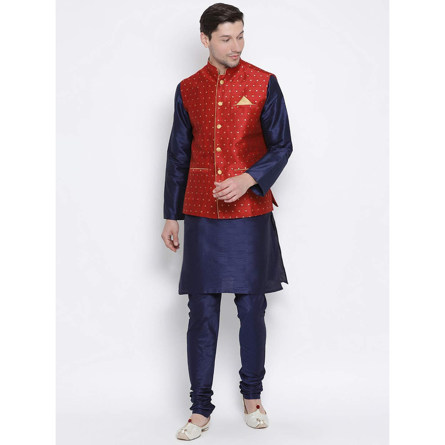 VASTRAMAY Men's Navy Blue Cotton Silk Blend Kurta, Ethnic Jacket and Pyjama Set_VASMJ009MAnMKNB001nPNB_42