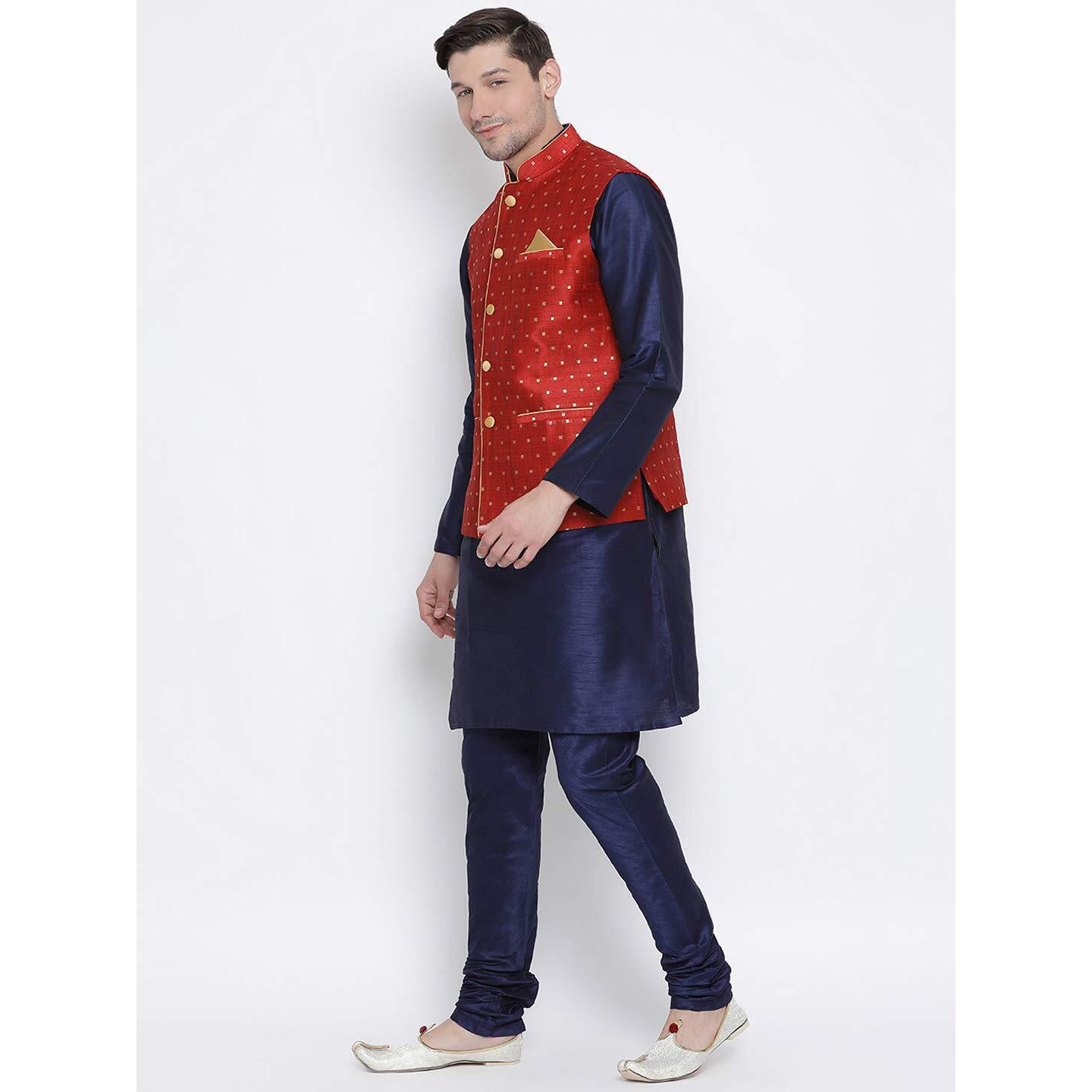VASTRAMAY Men's Navy Blue Cotton Silk Blend Kurta, Ethnic Jacket and Pyjama Set_VASMJ009MAnMKNB001nPNB_42