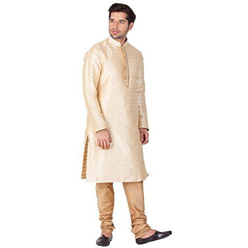 VASTRAMAY Mens Gold Mulberry Fabric Kurta Pyjama Set  Lightweight Festive & Wedding Wear  Subtle Bling with Zari Detailing