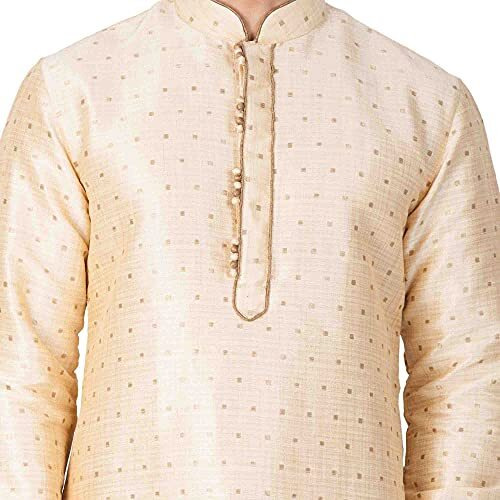 VASTRAMAY Mens Gold Mulberry Fabric Kurta Pyjama Set  Lightweight Festive & Wedding Wear  Subtle Bling with Zari Detailing