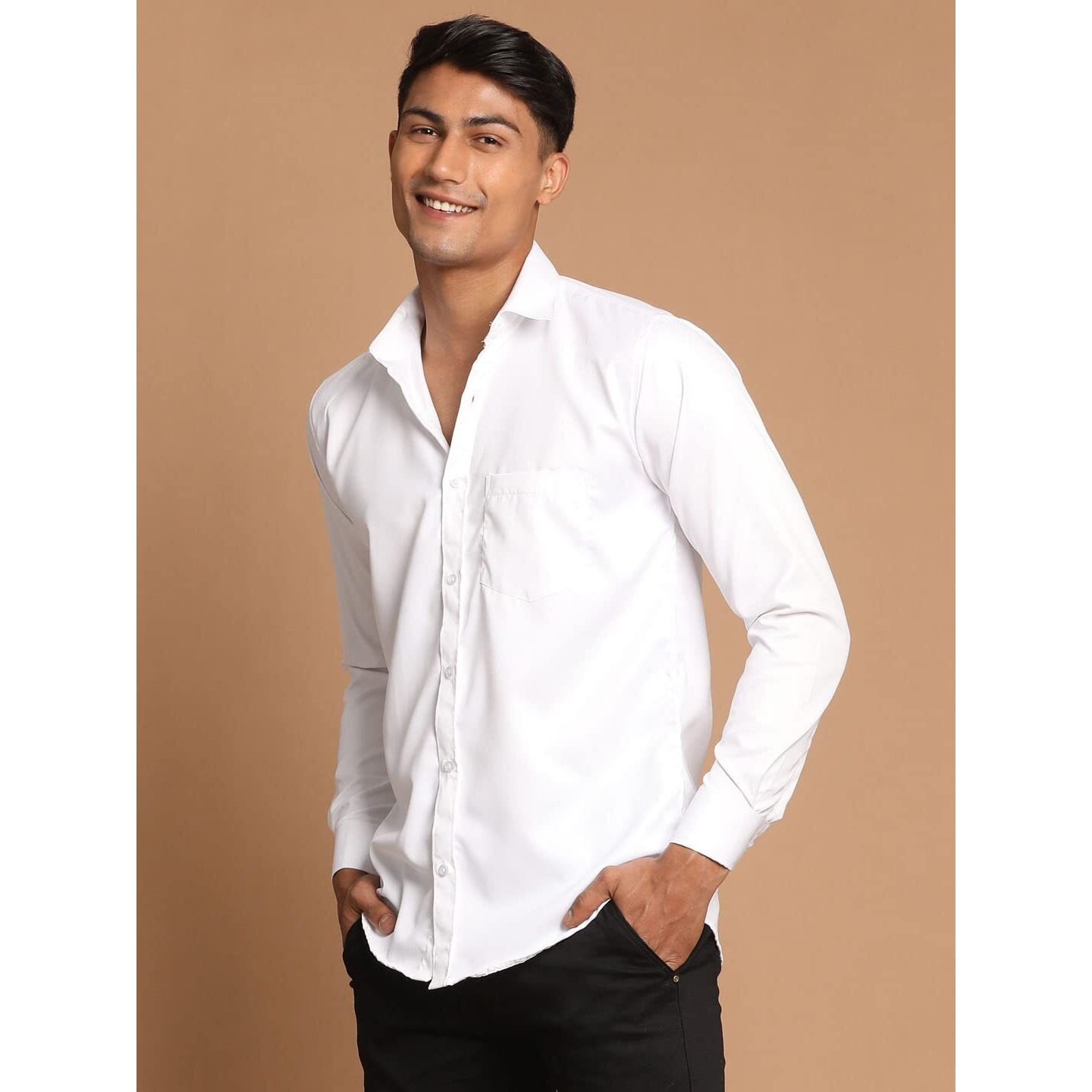 VASTRAMAY Men's White Cotton Blend Ethnic Shirt - Traditional Mens Silk Shirt for Festive Occasions, Onam | White Solid Casual Silk Blend Shirt | Perfect for Weddings and Celebrations