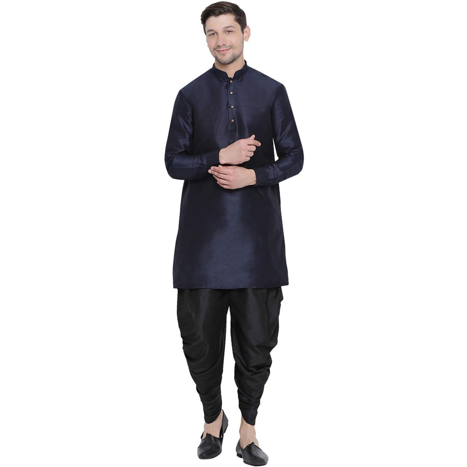 VASTRAMAY Men's Navy Blue Cotton Silk Blend Kurta and Dhoti Pant Set_VASMUK001NBnCDBL_42