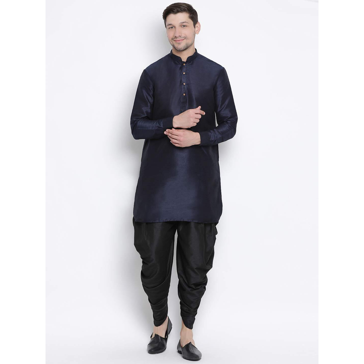 VASTRAMAY Men's Navy Blue Cotton Silk Blend Kurta and Dhoti Pant Set_VASMUK001NBnCDBL_42