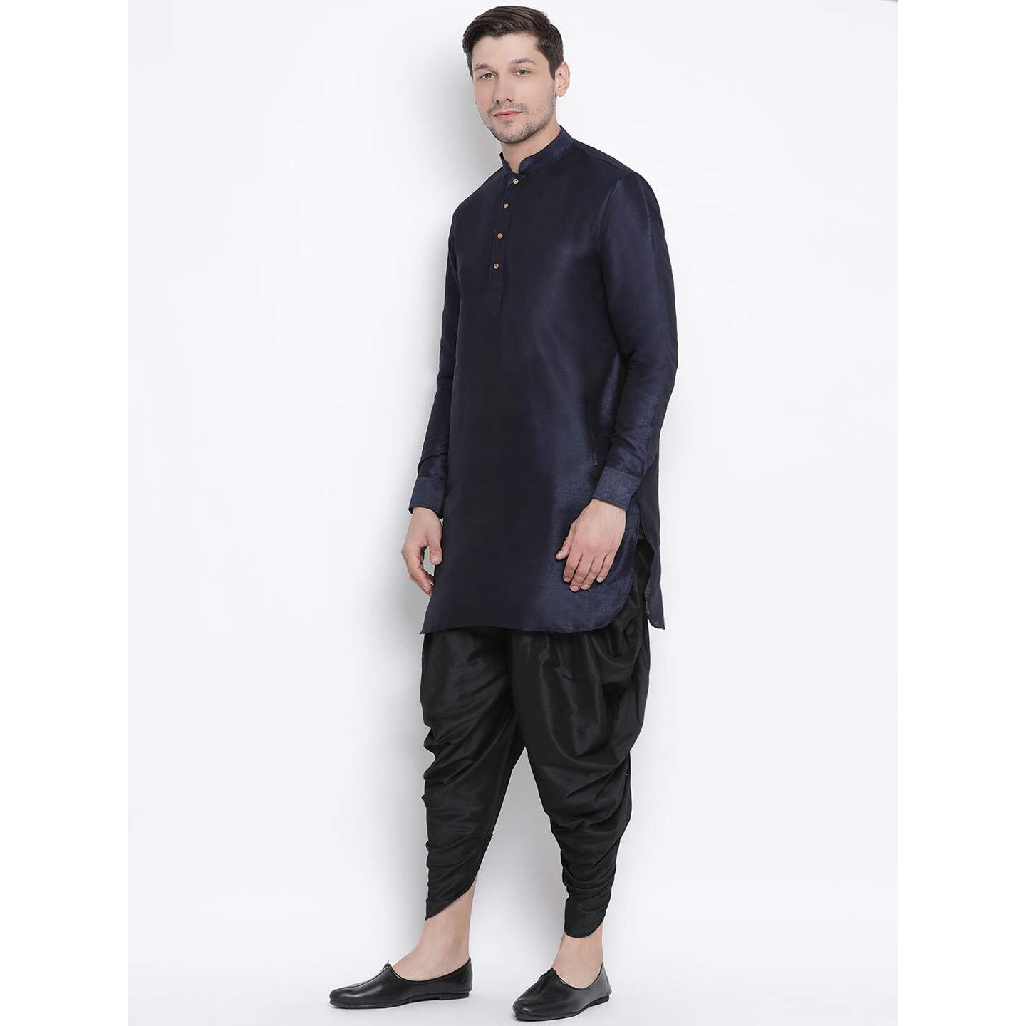 VASTRAMAY Men's Navy Blue Cotton Silk Blend Kurta and Dhoti Pant Set_VASMUK001NBnCDBL_42