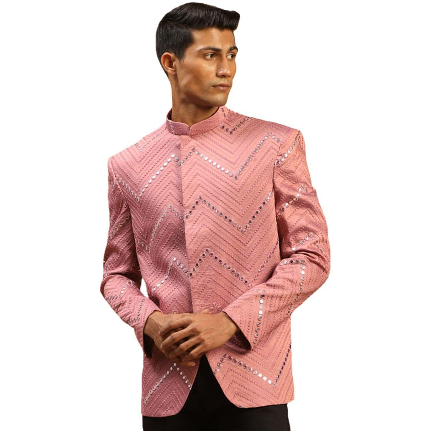 VASTRAMAY Men's Onion Pink Viscose Jodhpuri | Mirror Work Embellished Viscose Jodhpuri Coat for Men