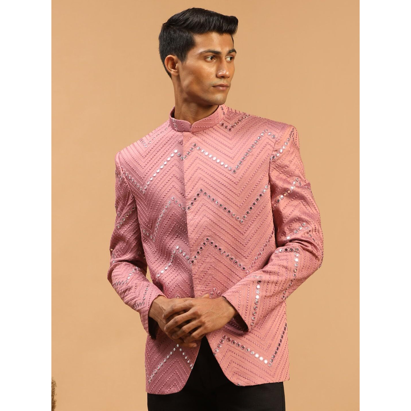 VASTRAMAY Men's Onion Pink Viscose Jodhpuri | Mirror Work Embellished Viscose Jodhpuri Coat for Men