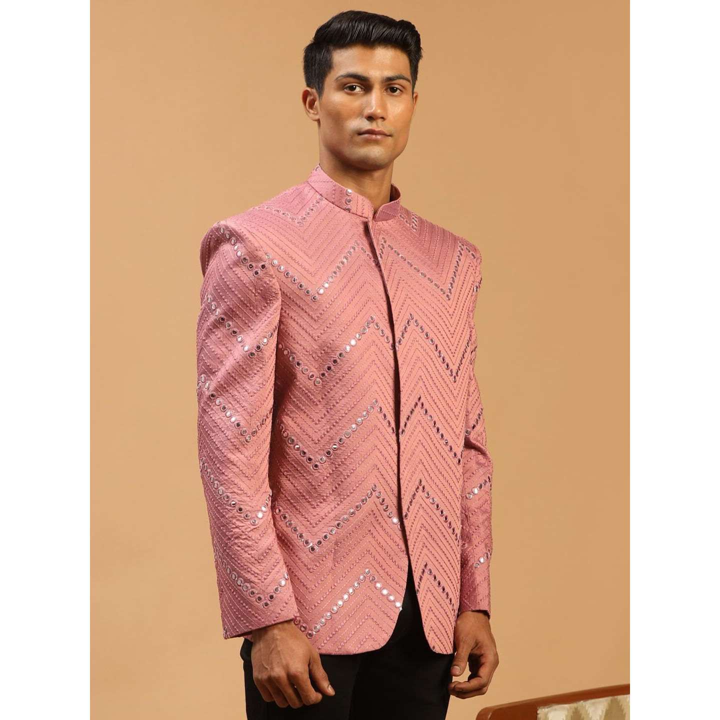 VASTRAMAY Men's Onion Pink Viscose Jodhpuri | Mirror Work Embellished Viscose Jodhpuri Coat for Men
