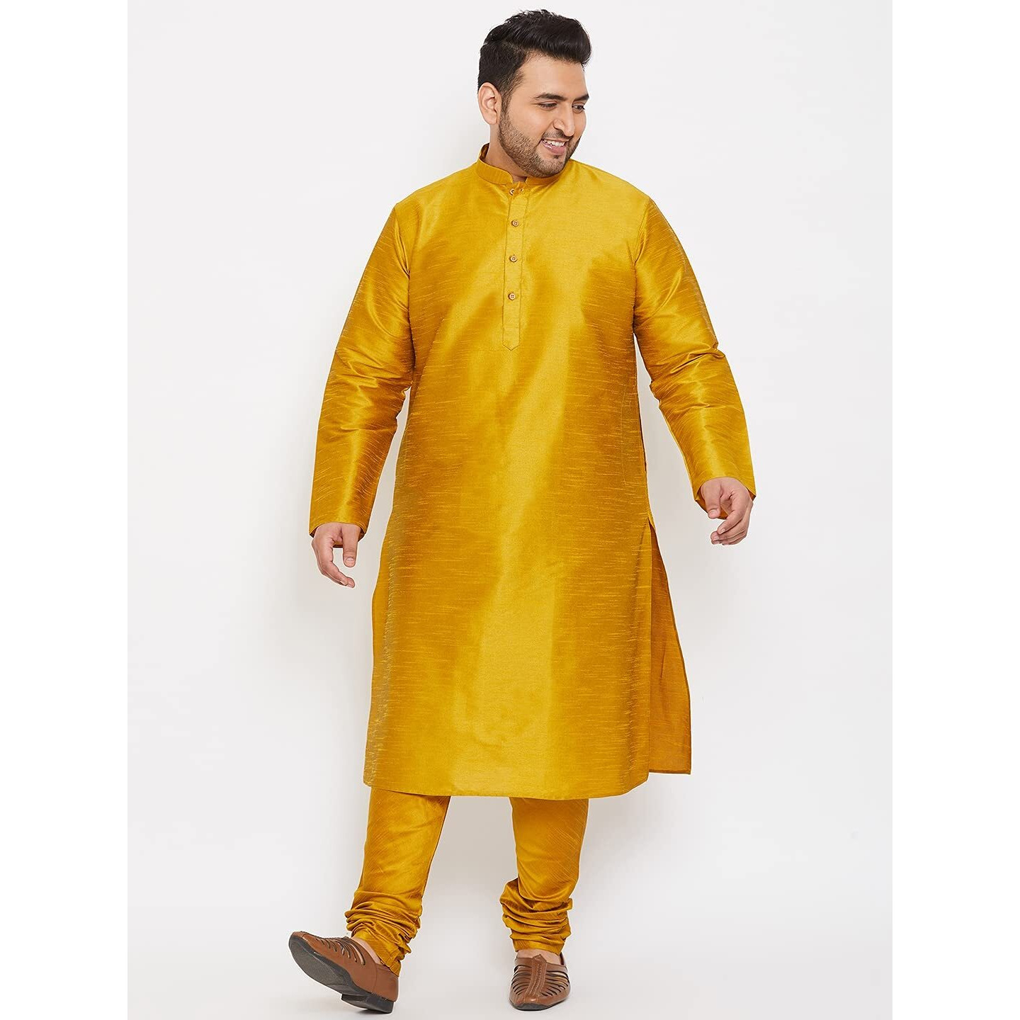 VASTRAMAY Plus Size Men's Silk Blend Kurta Set-New Mustard