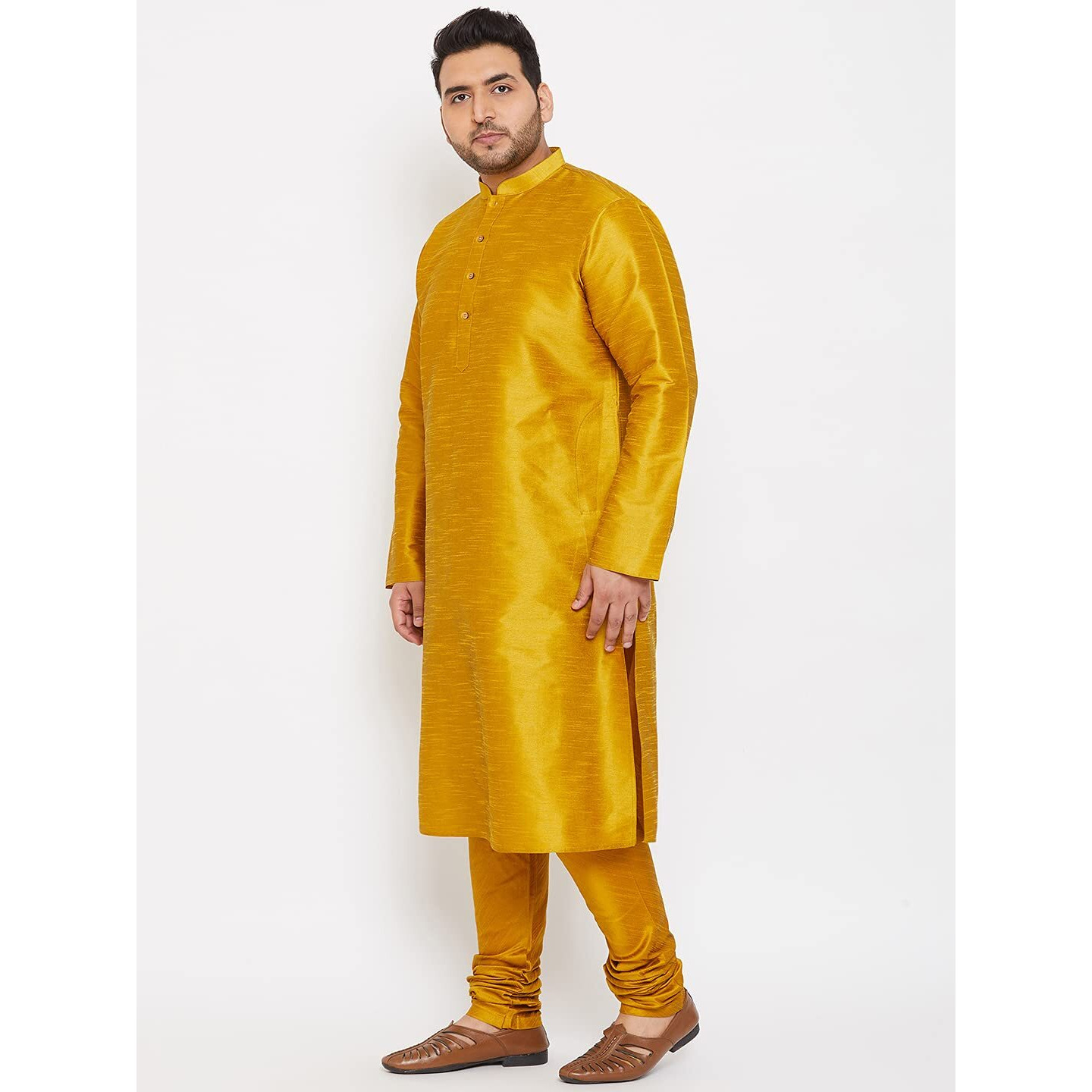 VASTRAMAY Plus Size Men's Silk Blend Kurta Set-New Mustard