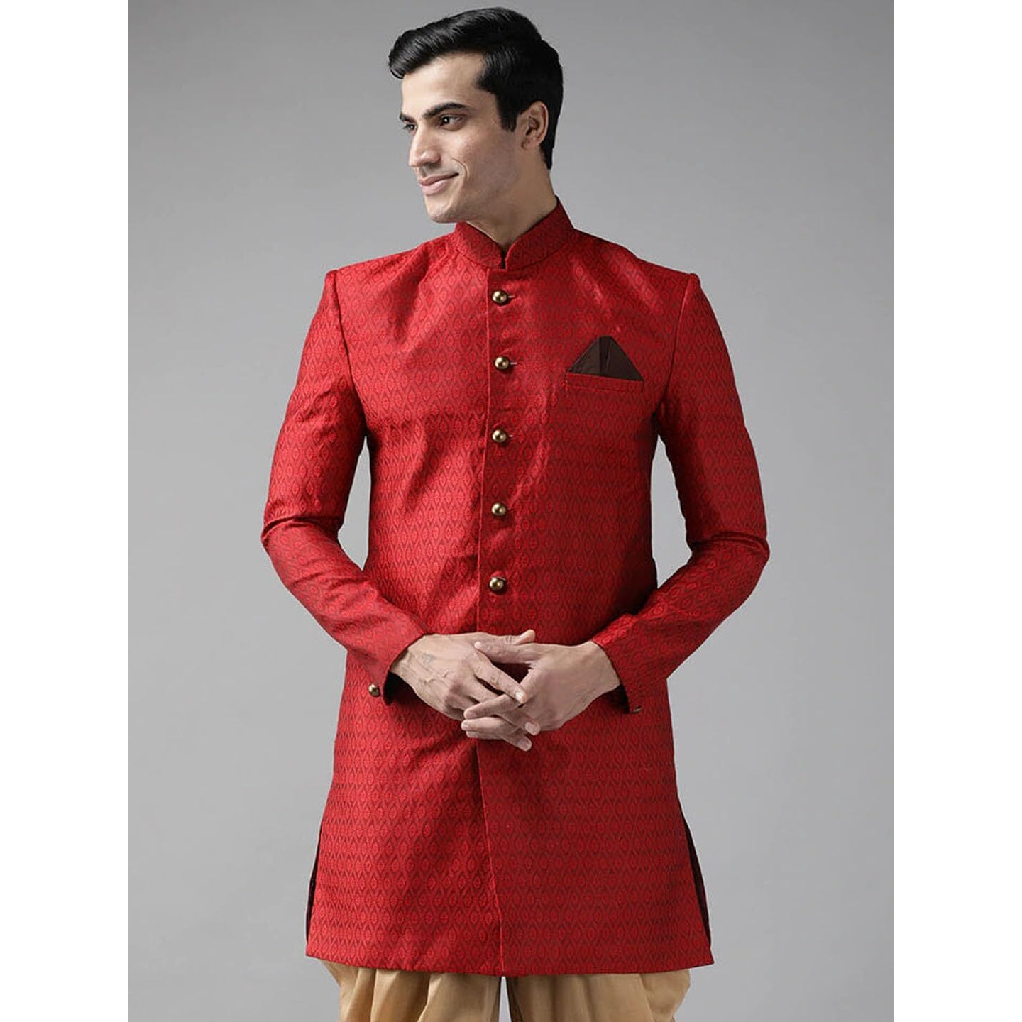 VASTRAMAY Men's Maroon Silk Blend Sherwani Only Top_VASMIW105MA_36