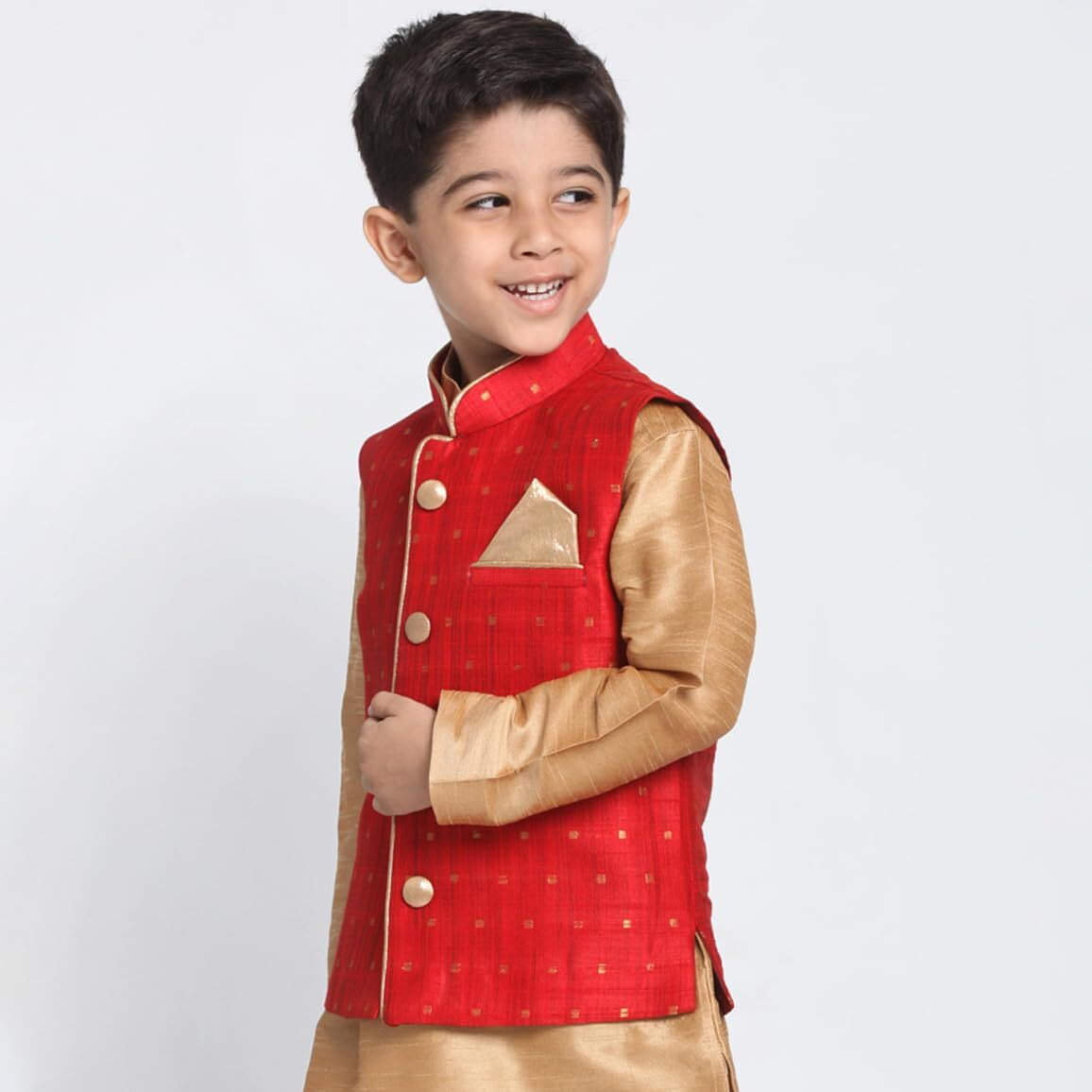 VASTRAMAY JBN Creation Boys' Maroon and Rose Gold Silk Blend Nehru Jacket_VASBJ009MA_26