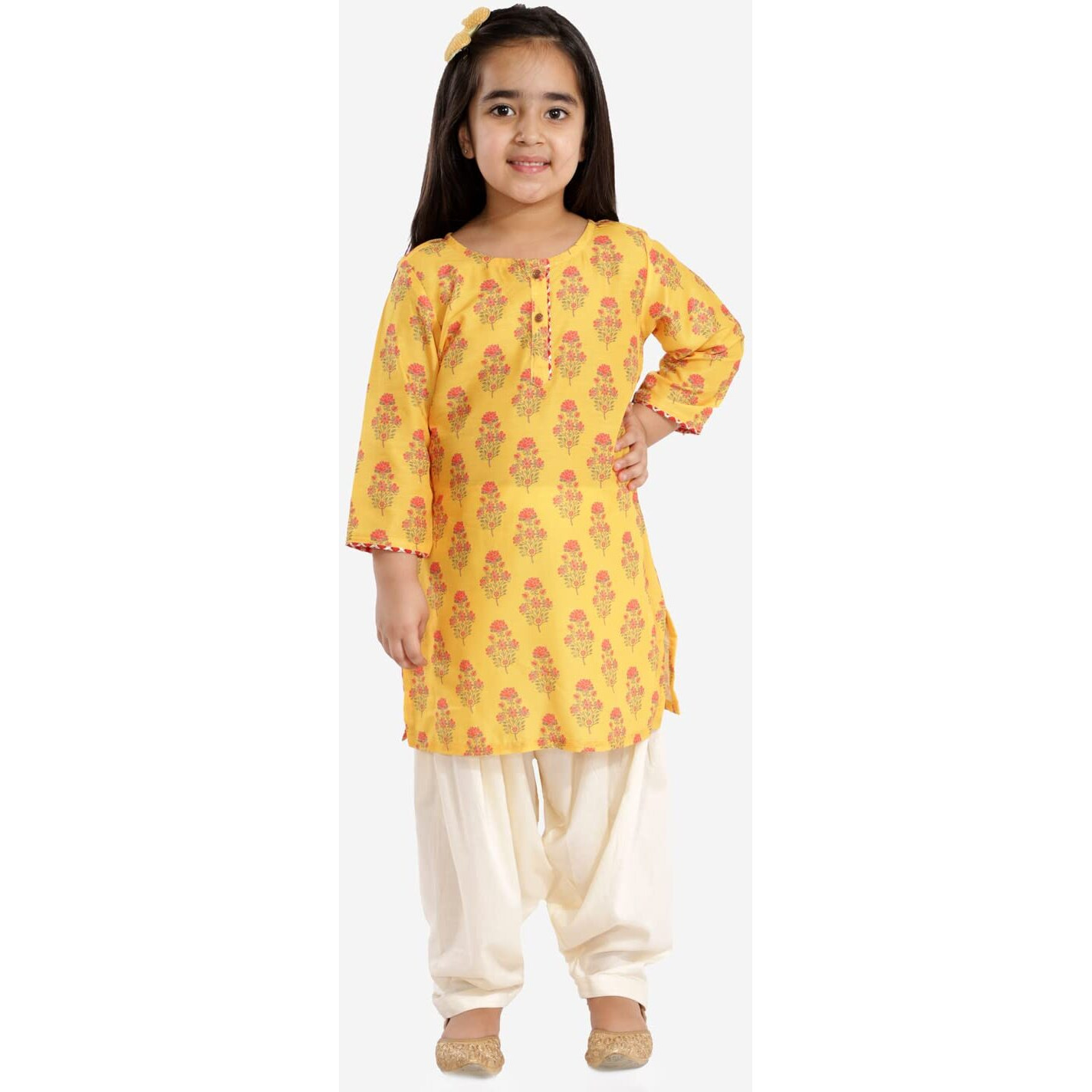 VASTRAMAY Girls' Mustard And Cream Linen Kurta And Patiala Set | Cotton Linen Printed Floral Kurta And Patiala Pant set - Traditional Design - Ideal for Weddings, Festivals, and Special Occasions