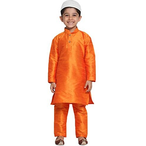 VASTRAMAY Boys' Saffron Silk Blend Kurta Pyjama Set with Cap-VASBKOR001nPORnC_26