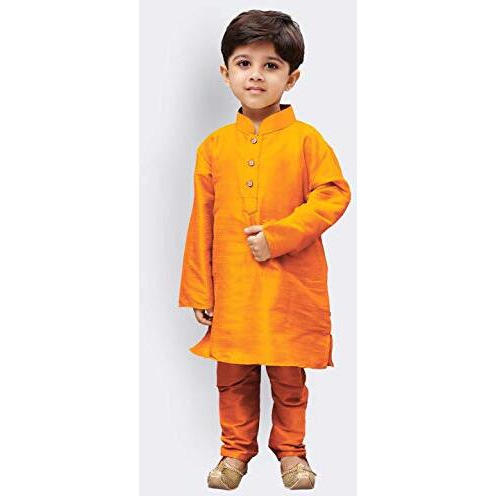 VASTRAMAY Boys' Saffron Silk Blend Kurta Pyjama Set with Cap-VASBKOR001nPORnC_26