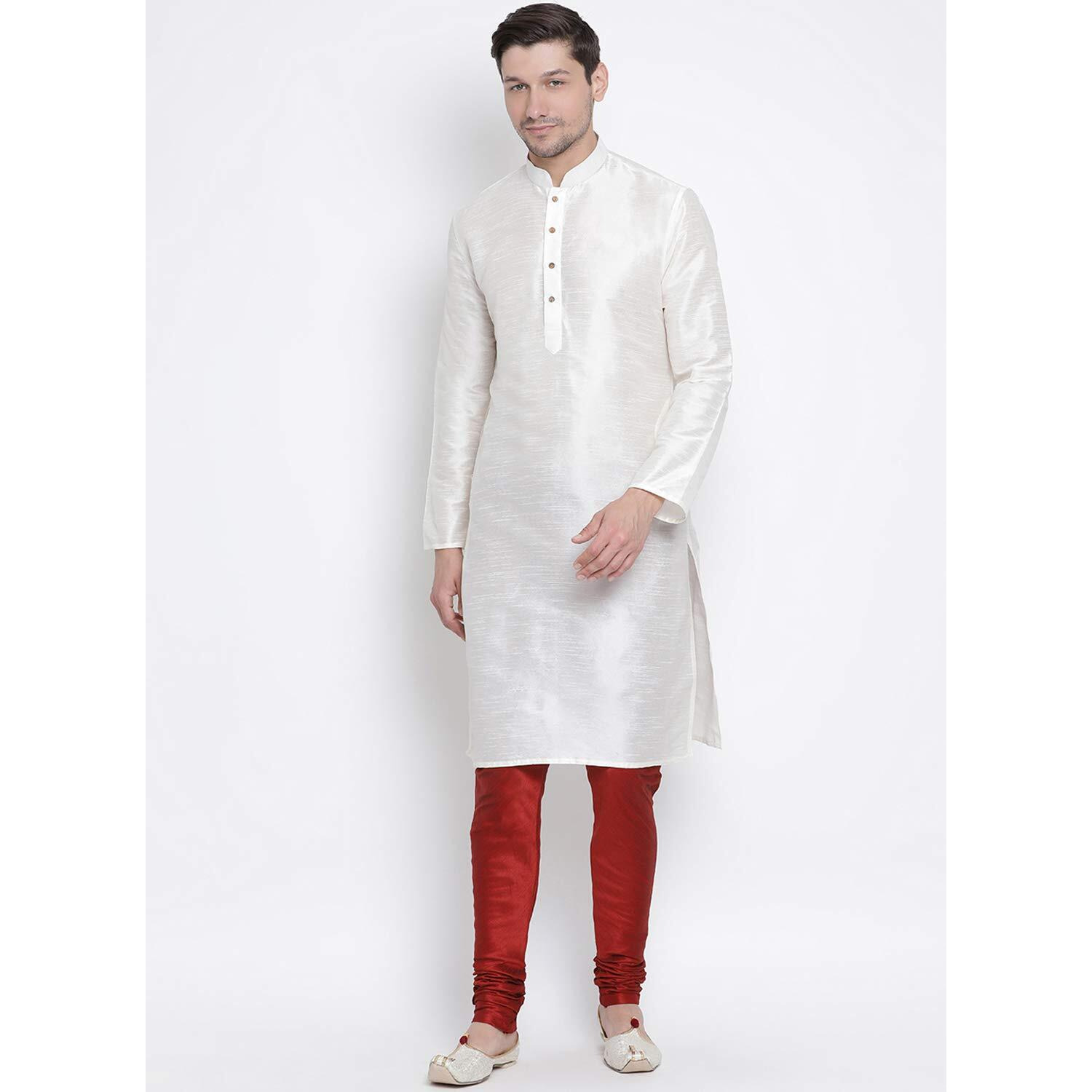 VASTRAMAY Men's Cream Cotton Silk Blend Kurta and Pyjama Set_VASMK001CRnPMA_42