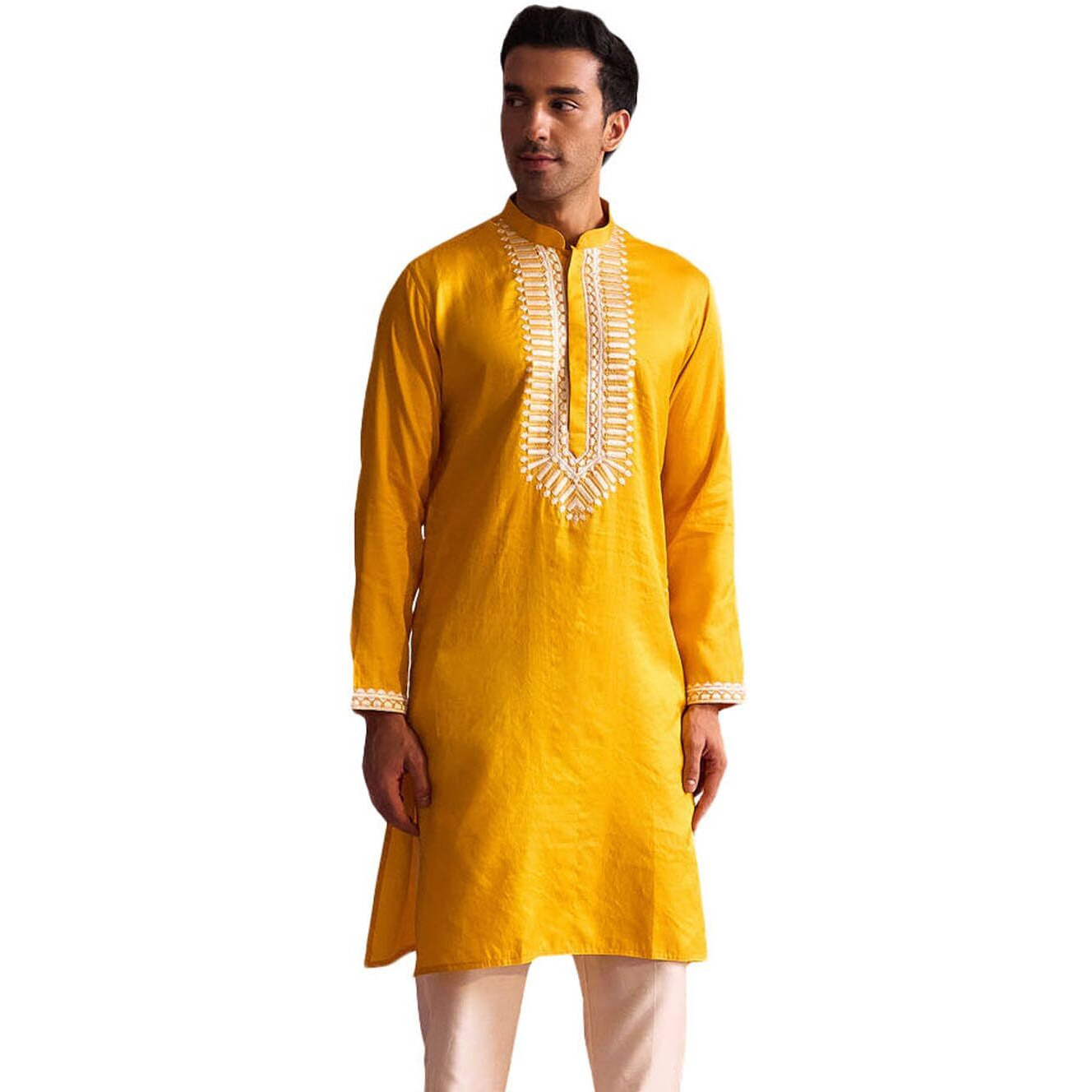 VASTRAMAY Regular Men's Yellow Neck Embroidered Kurta in Moonga Silk Fabric_VSHRMK241YW_38