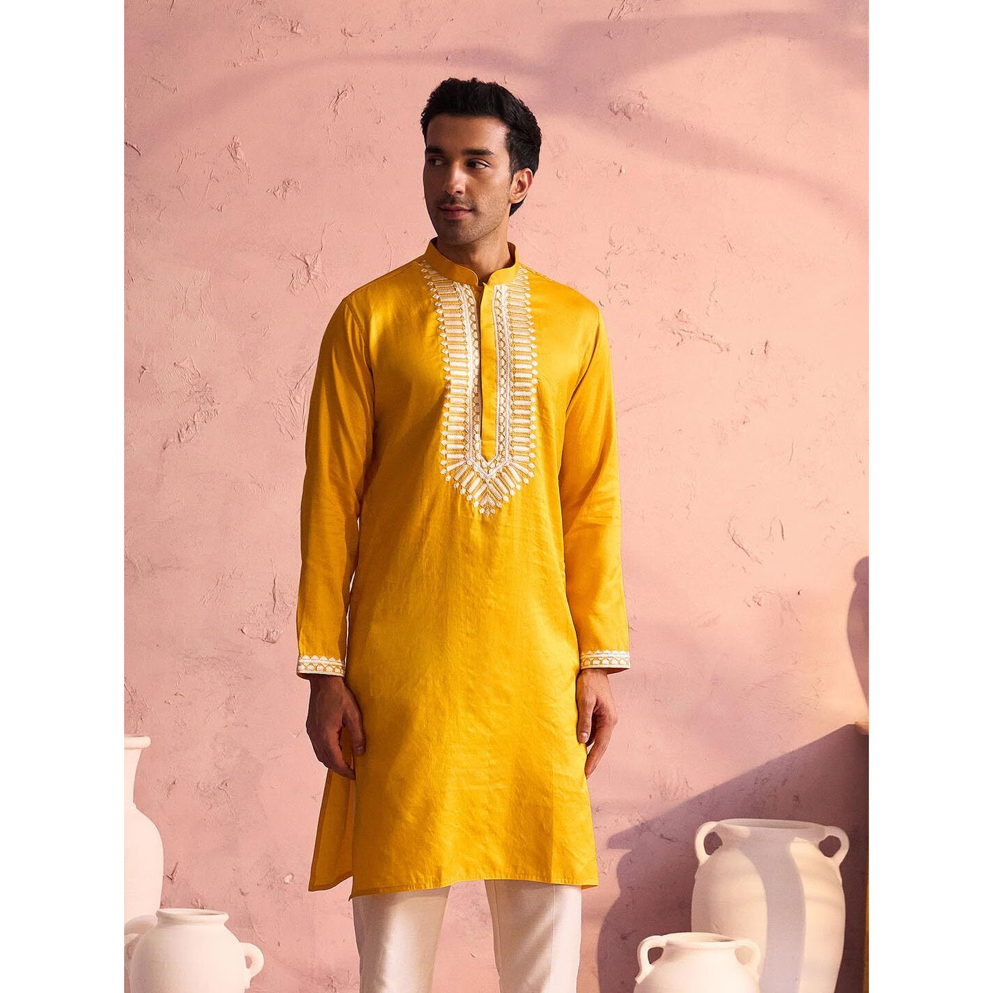 VASTRAMAY Regular Men's Yellow Neck Embroidered Kurta in Moonga Silk Fabric_VSHRMK241YW_38
