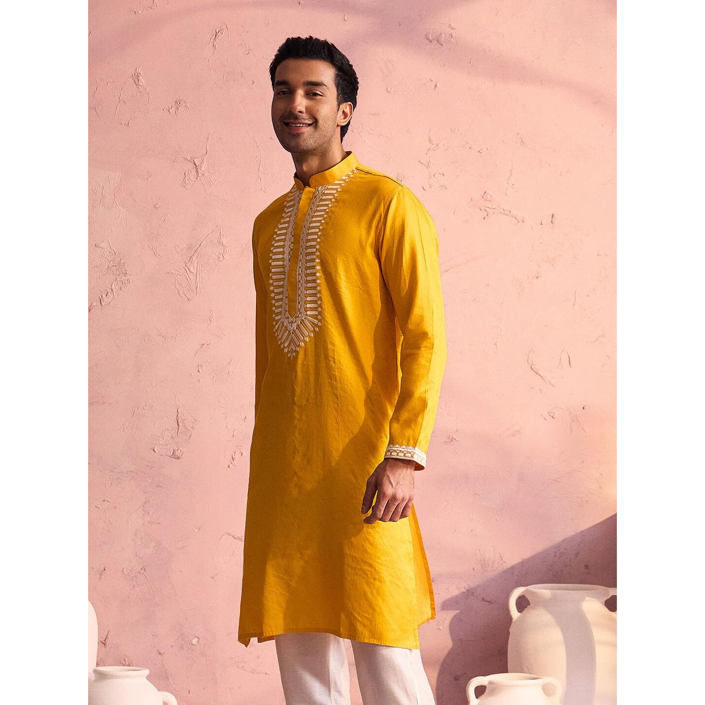 VASTRAMAY Regular Men's Yellow Neck Embroidered Kurta in Moonga Silk Fabric_VSHRMK241YW_38