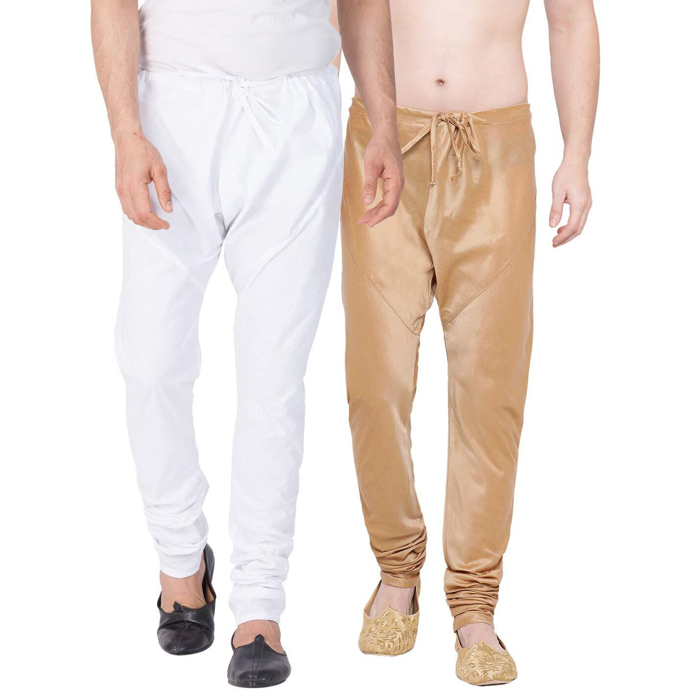 VASTRAMAY Men's White and Rose Gold Cotton And Silk Pyjama Combo (VASMPCWHnMPRG_36)