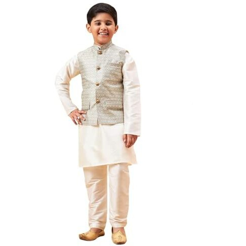 VASTRAMAY Boys' Cream And Beige Jacket, Kurta and Pyjama Set_VASBJ105BGnBKCR001nPCR_20