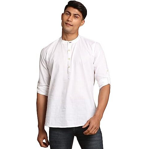 VASTRAMAY Men's White Cotton Blend Short Kurta || Cotton Short Shirt Style Solid Kurta with Buttonhole Detailing. || Elegant for Holi & EID Celebration_VASMXK015WH_42