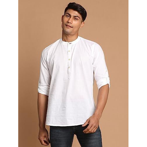 VASTRAMAY Men's White Cotton Blend Short Kurta || Cotton Short Shirt Style Solid Kurta with Buttonhole Detailing. || Elegant for Holi & EID Celebration_VASMXK015WH_42