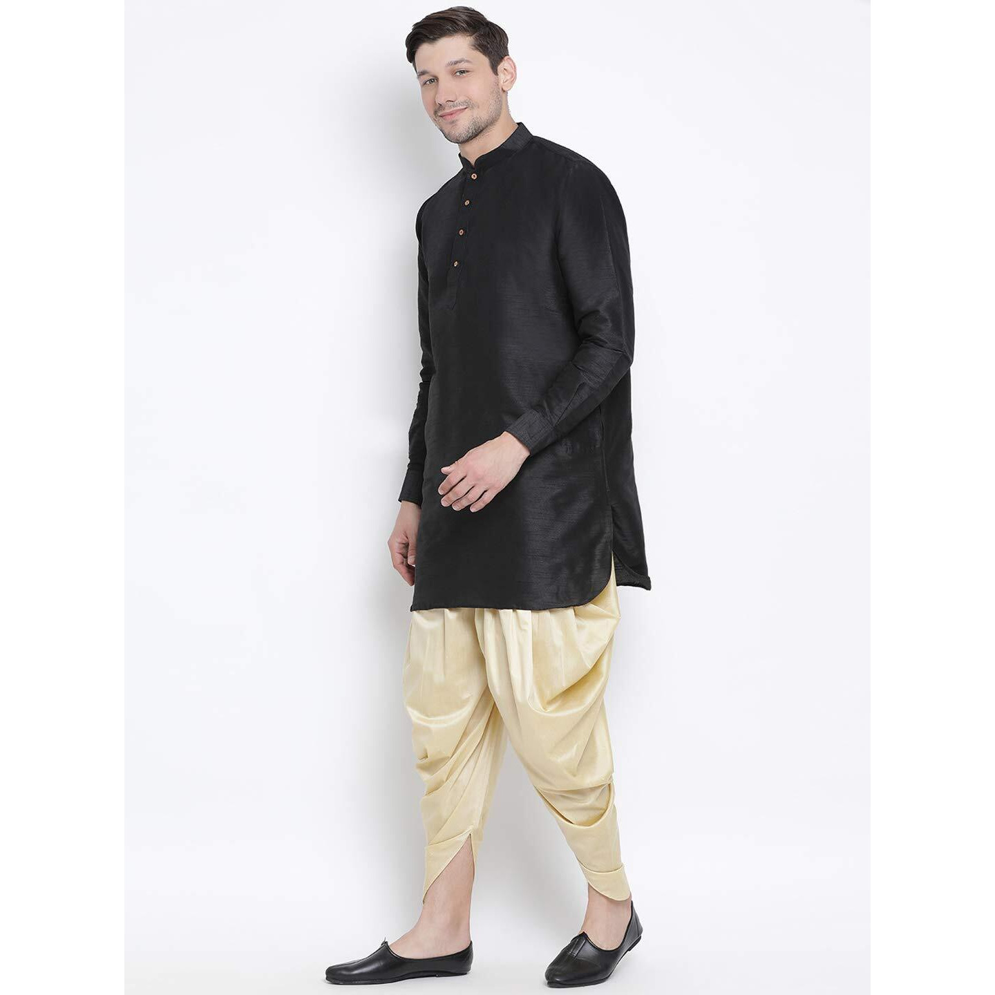 VASTRAMAY Men's Black Cotton Silk Blend Kurta and Dhoti Pant Set_VASMUK001BLnCDGO_40