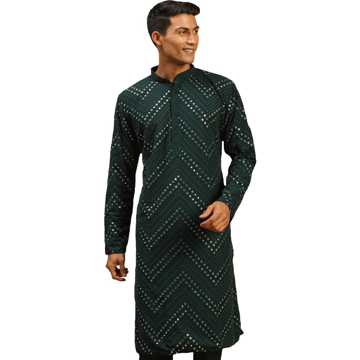 VASTRAMAY Men's Green Georgette Kurta | Mirror Work Green Georgette Kurta for Men. | Timeless Elegance for Festivals & Events | Classic Design, Premium Comfort, and Versatile Style