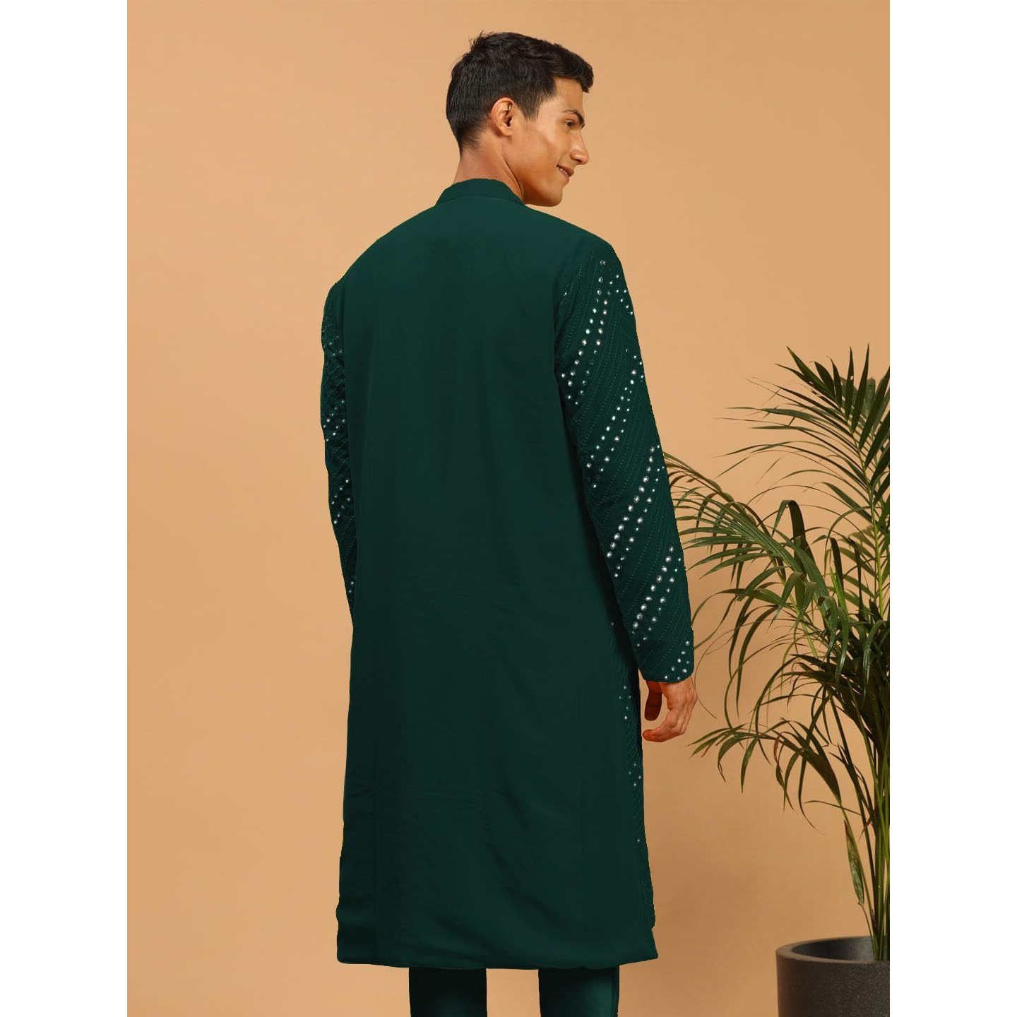 VASTRAMAY Men's Green Georgette Kurta | Mirror Work Green Georgette Kurta for Men. | Timeless Elegance for Festivals & Events | Classic Design, Premium Comfort, and Versatile Style