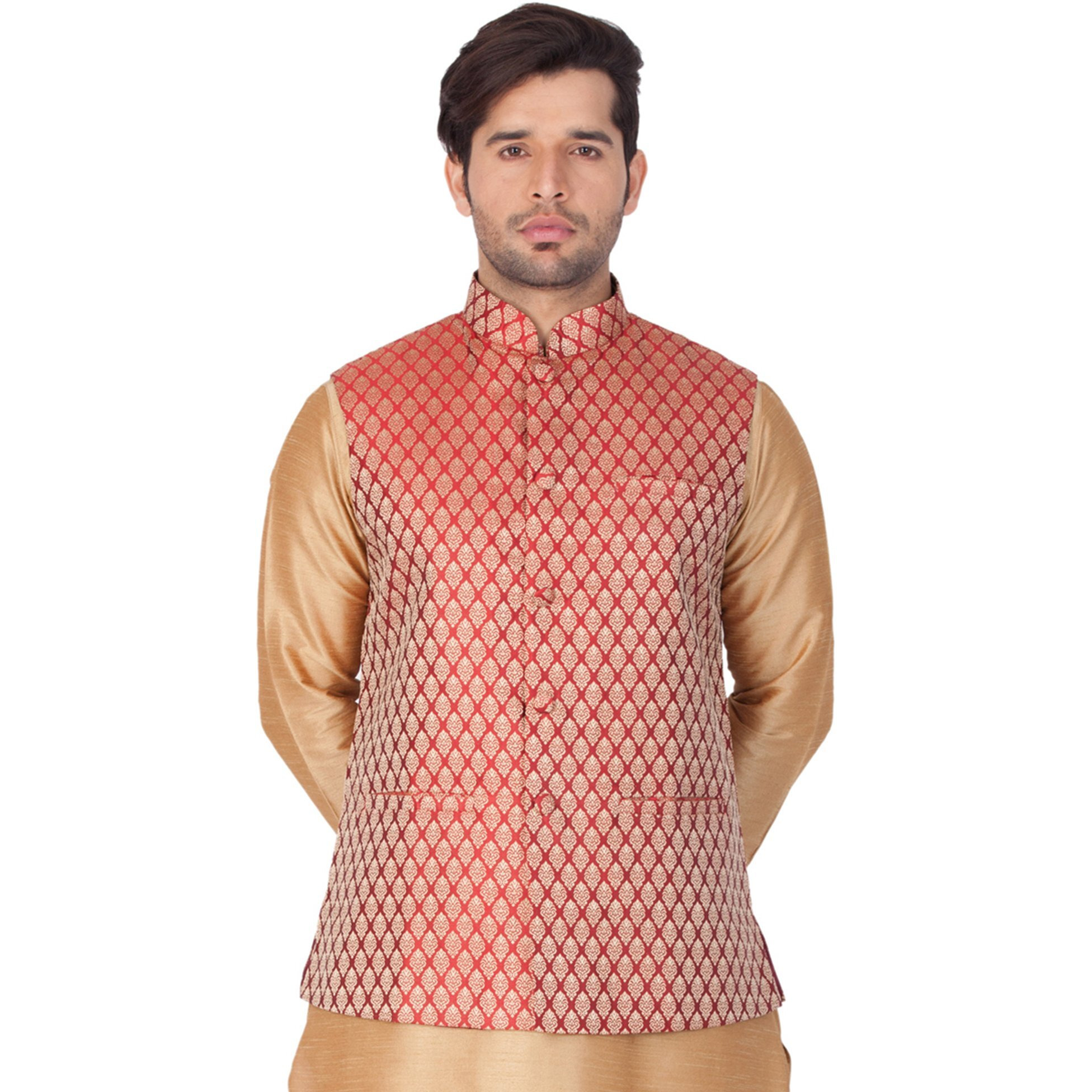 VASTRAMAY Men's Maroon Silk Blend Nehru Jacket || Banarasi Brocade Woven Jaquard Modi/Nehru Jacket || Ethnic Wear for Festivals, Weddings_VASMJMA005_44
