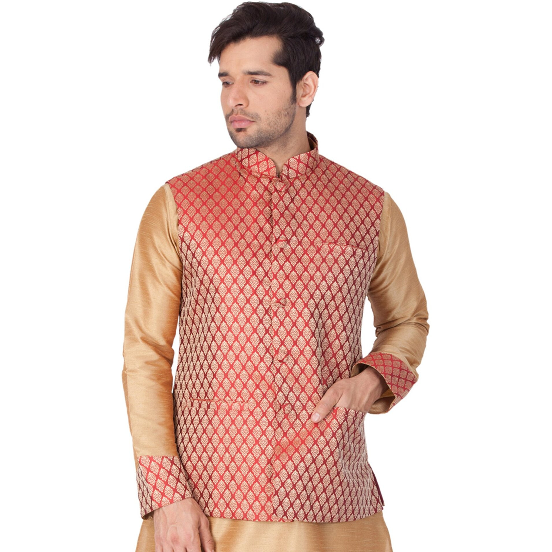 VASTRAMAY Men's Maroon Silk Blend Nehru Jacket || Banarasi Brocade Woven Jaquard Modi/Nehru Jacket || Ethnic Wear for Festivals, Weddings_VASMJMA005_44