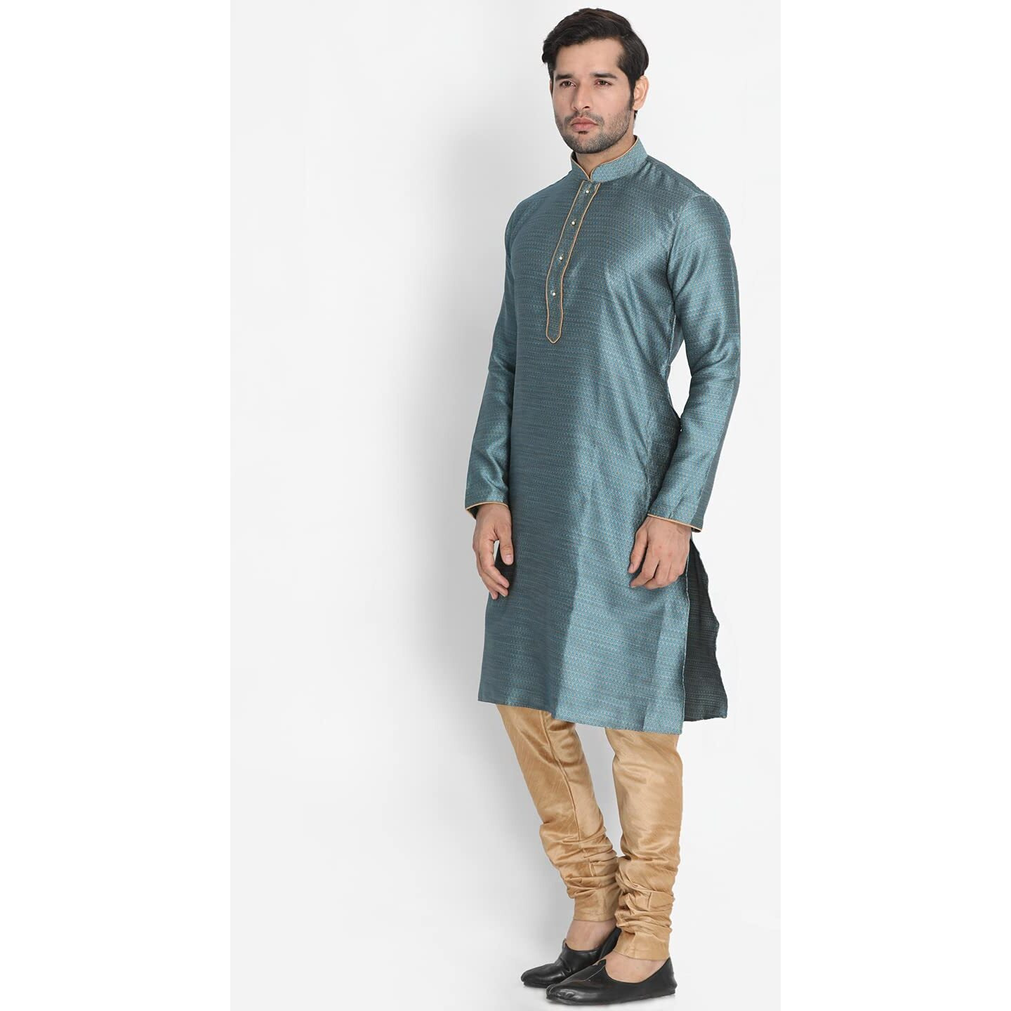 VASTRAMAY Men's Aqua Cotton Silk Blend Kurta and Pyjama Set_VASMK047AQnPRG_36