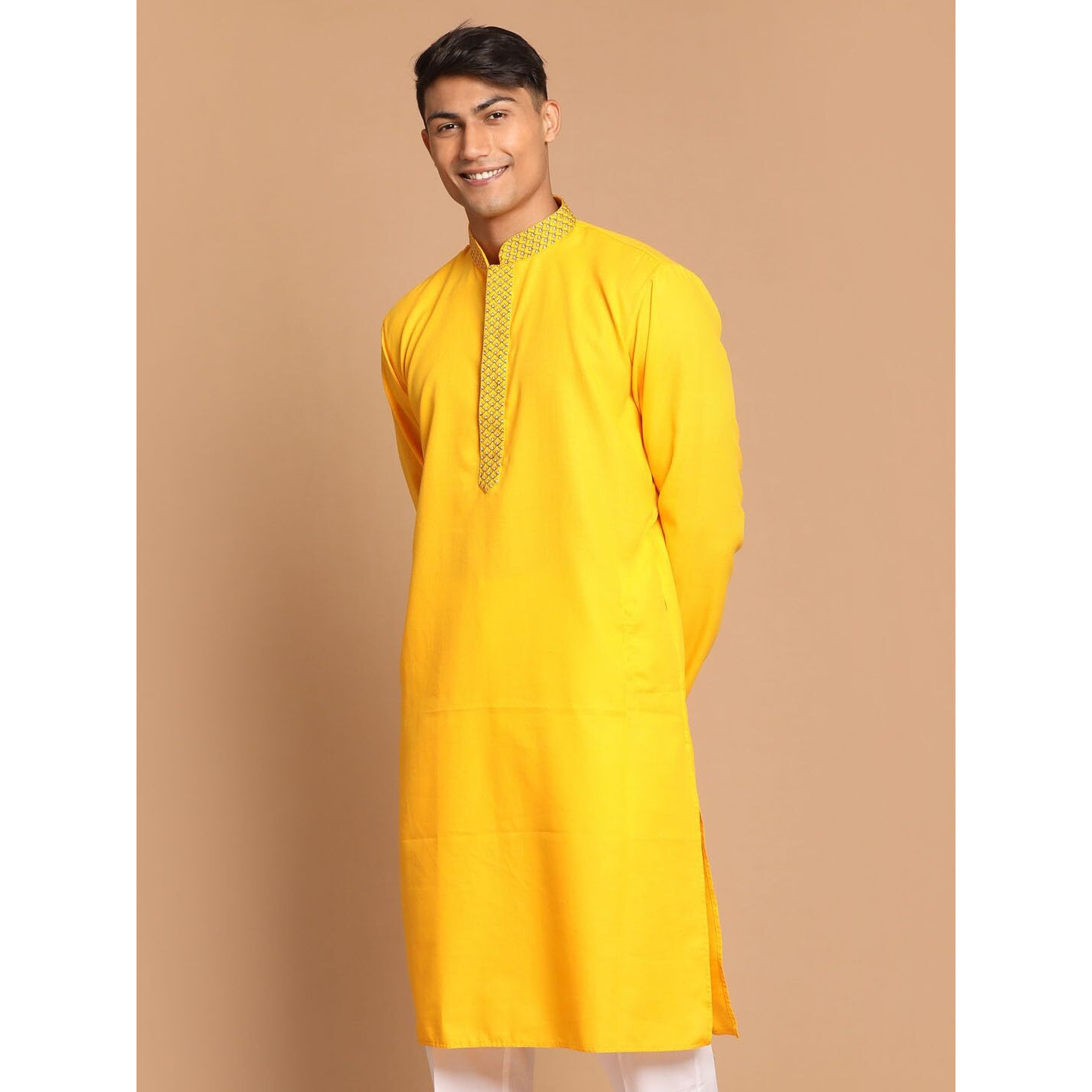 VASTRAMAY Men's Yellow Cotton Blend Kurta-VASMK156YW_40