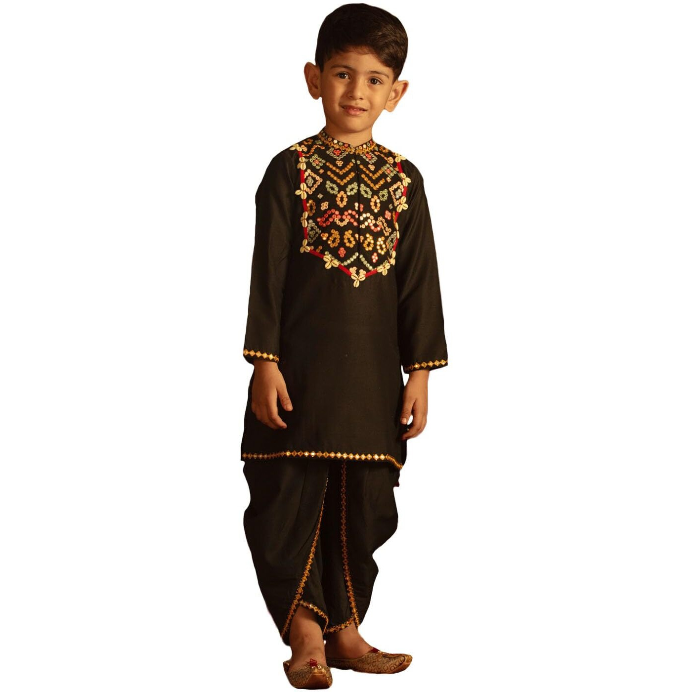 VASTRAMAY Boys' Black Viscose Kutch Embroidered Kurta and Dhoti Set, Navratri Special Ethnic Wear, Full Sleeve Mandarin Collar