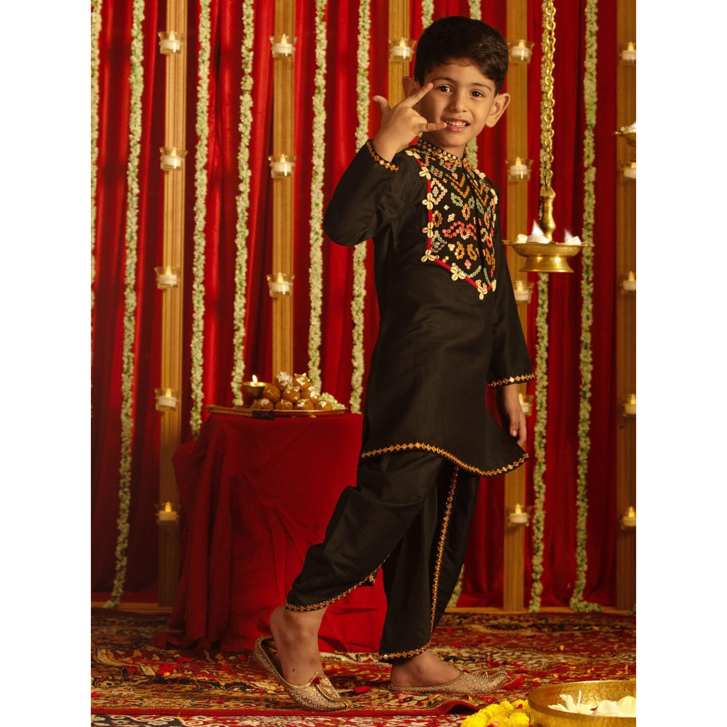 VASTRAMAY Boys' Black Viscose Kutch Embroidered Kurta and Dhoti Set, Navratri Special Ethnic Wear, Full Sleeve Mandarin Collar