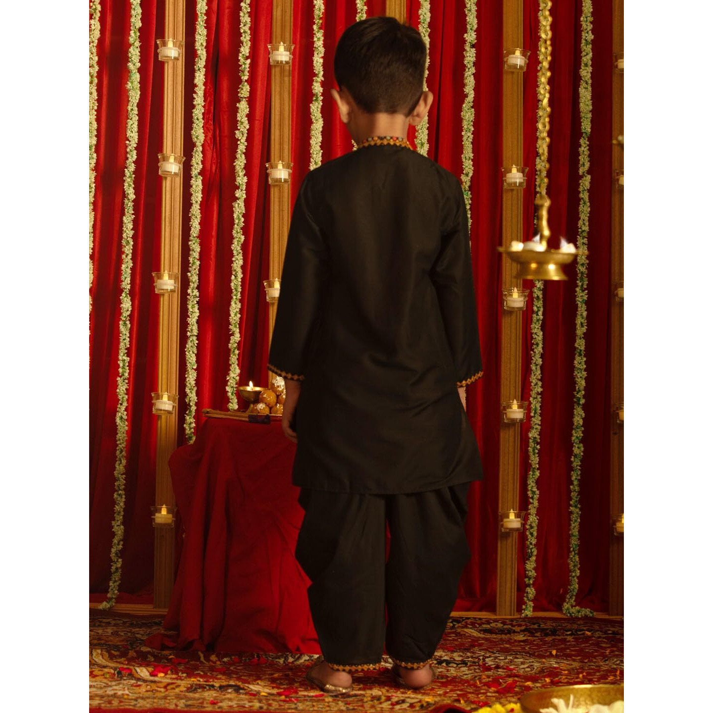 VASTRAMAY Boys' Black Viscose Kutch Embroidered Kurta and Dhoti Set, Navratri Special Ethnic Wear, Full Sleeve Mandarin Collar