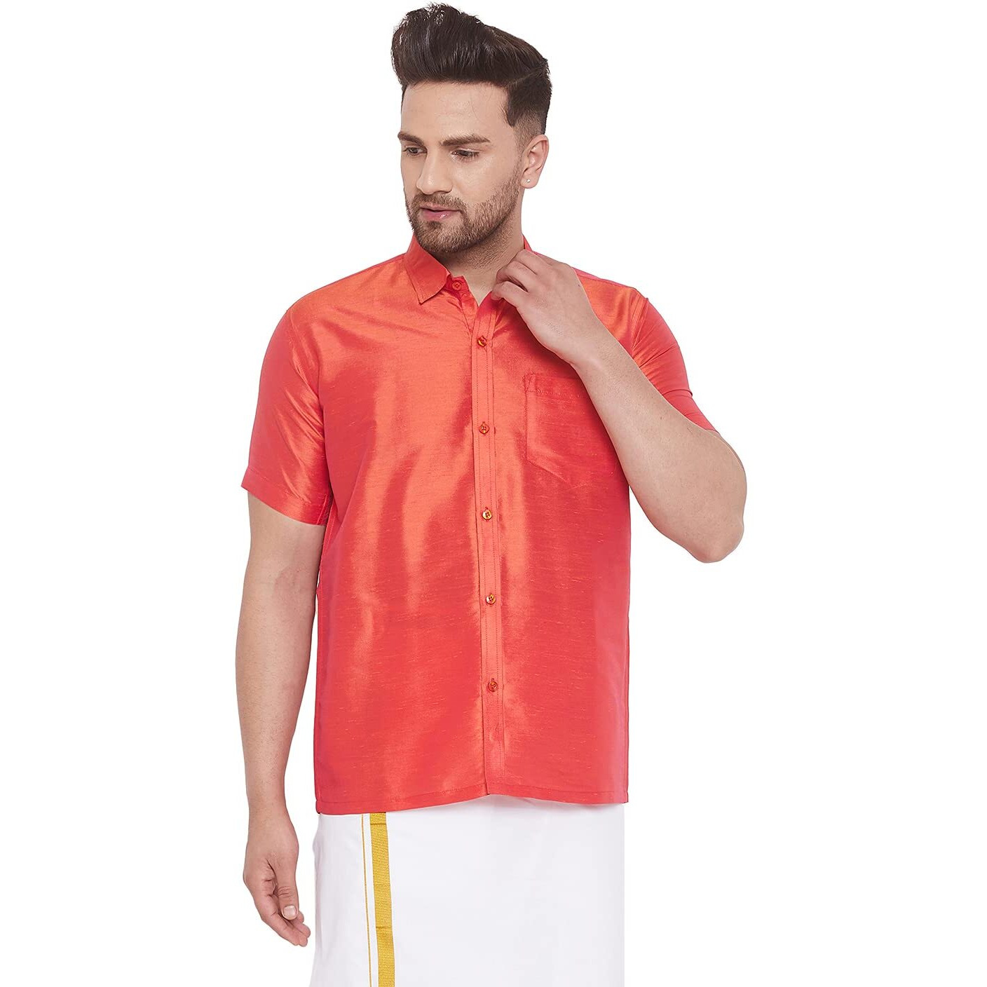 VASTRAMAY Men's Red Silk Blend Ethnic Shirt_VASMSH004RD_46