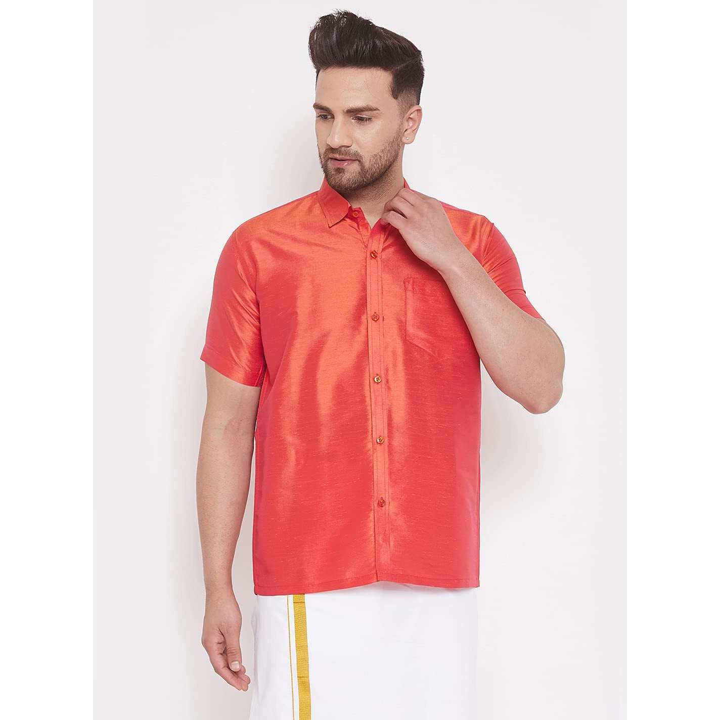 VASTRAMAY Men's Red Silk Blend Ethnic Shirt_VASMSH004RD_46