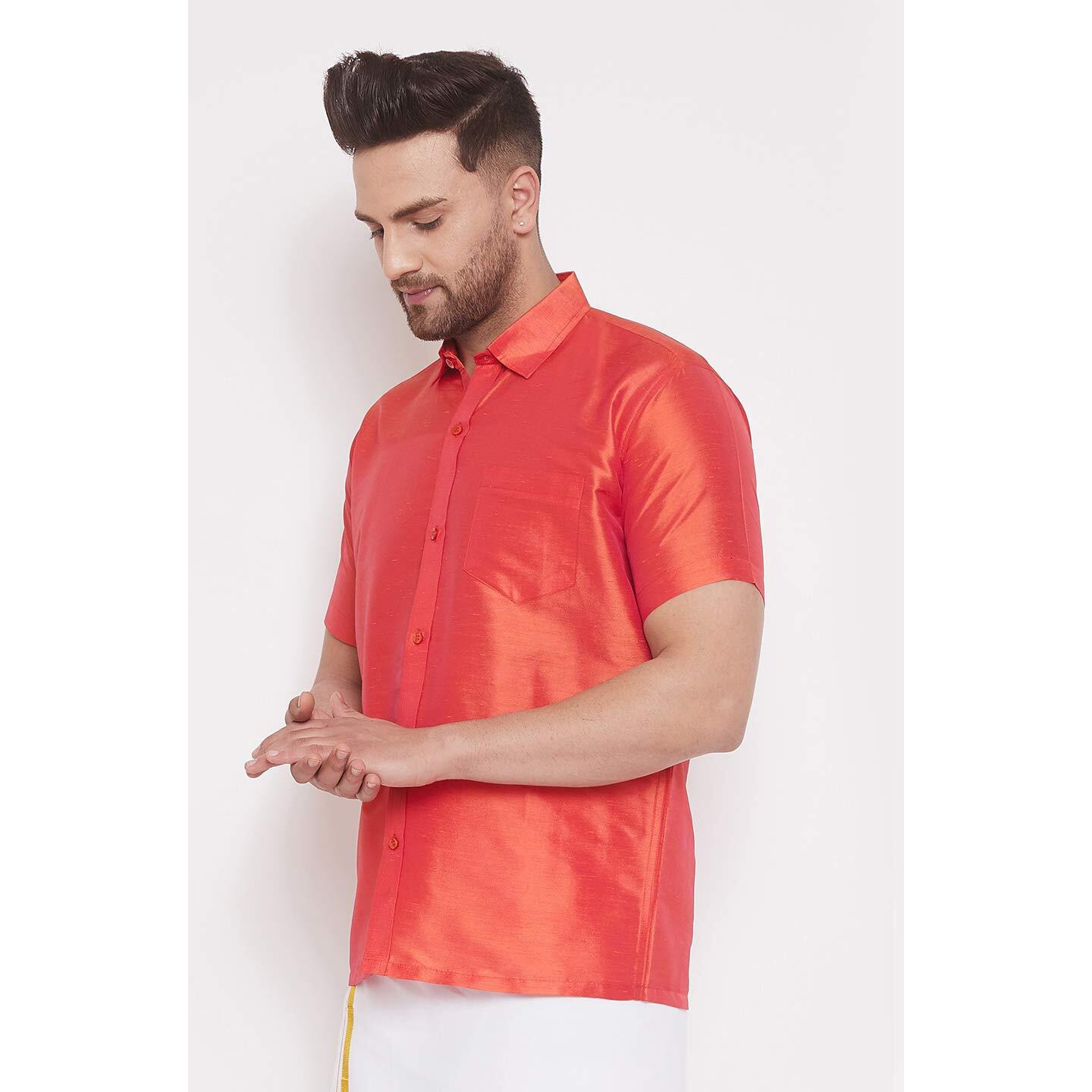 VASTRAMAY Men's Red Silk Blend Ethnic Shirt_VASMSH004RD_46