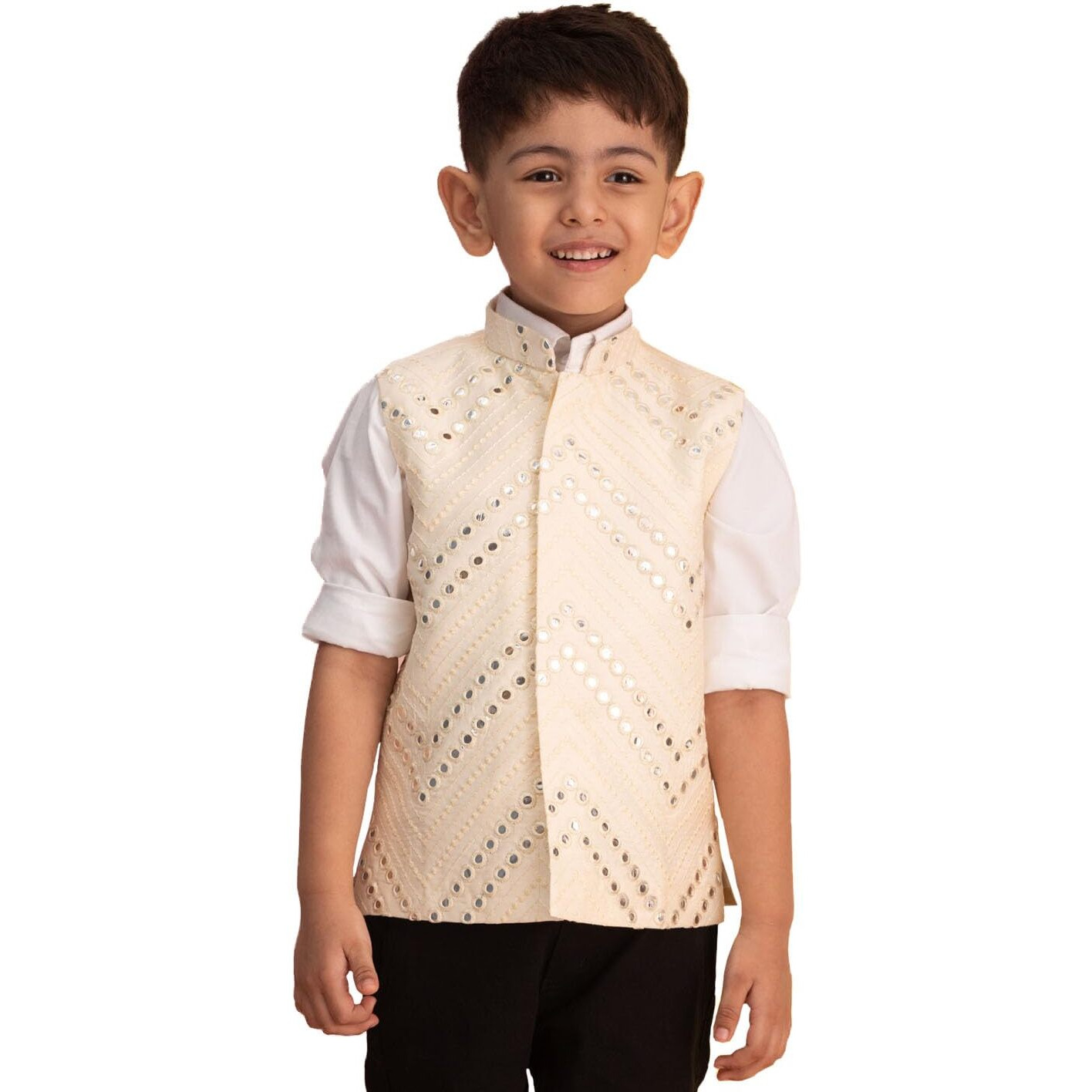 VASTRAMAY Boys' Cream Nehru Jacket | Mirror Work Viscose Sleeveless Nehru Jacket - Navratri Special Traditional Ethnic Waistcoat - Perfect for Festivals, Weddings, and Celebrations