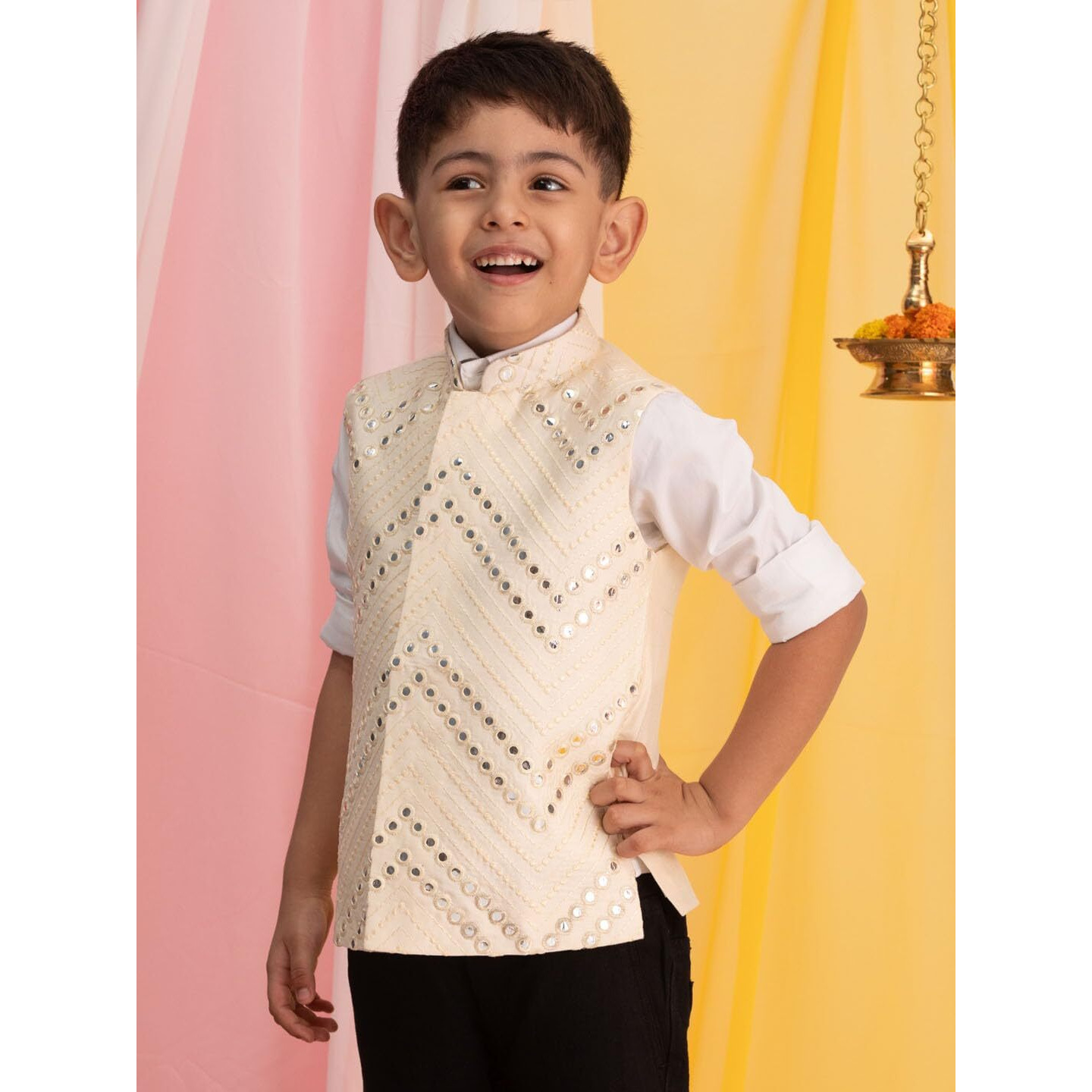 VASTRAMAY Boys' Cream Nehru Jacket | Mirror Work Viscose Sleeveless Nehru Jacket - Navratri Special Traditional Ethnic Waistcoat - Perfect for Festivals, Weddings, and Celebrations