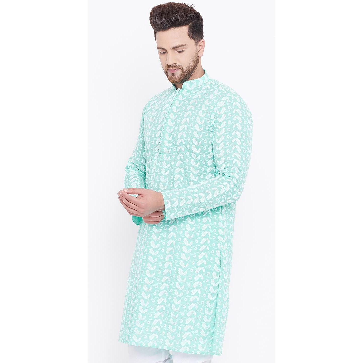 VASTRAMAY Mens Cotton Green and White Kurta - Elegance for Festivals & Events_VASMK094GN_40