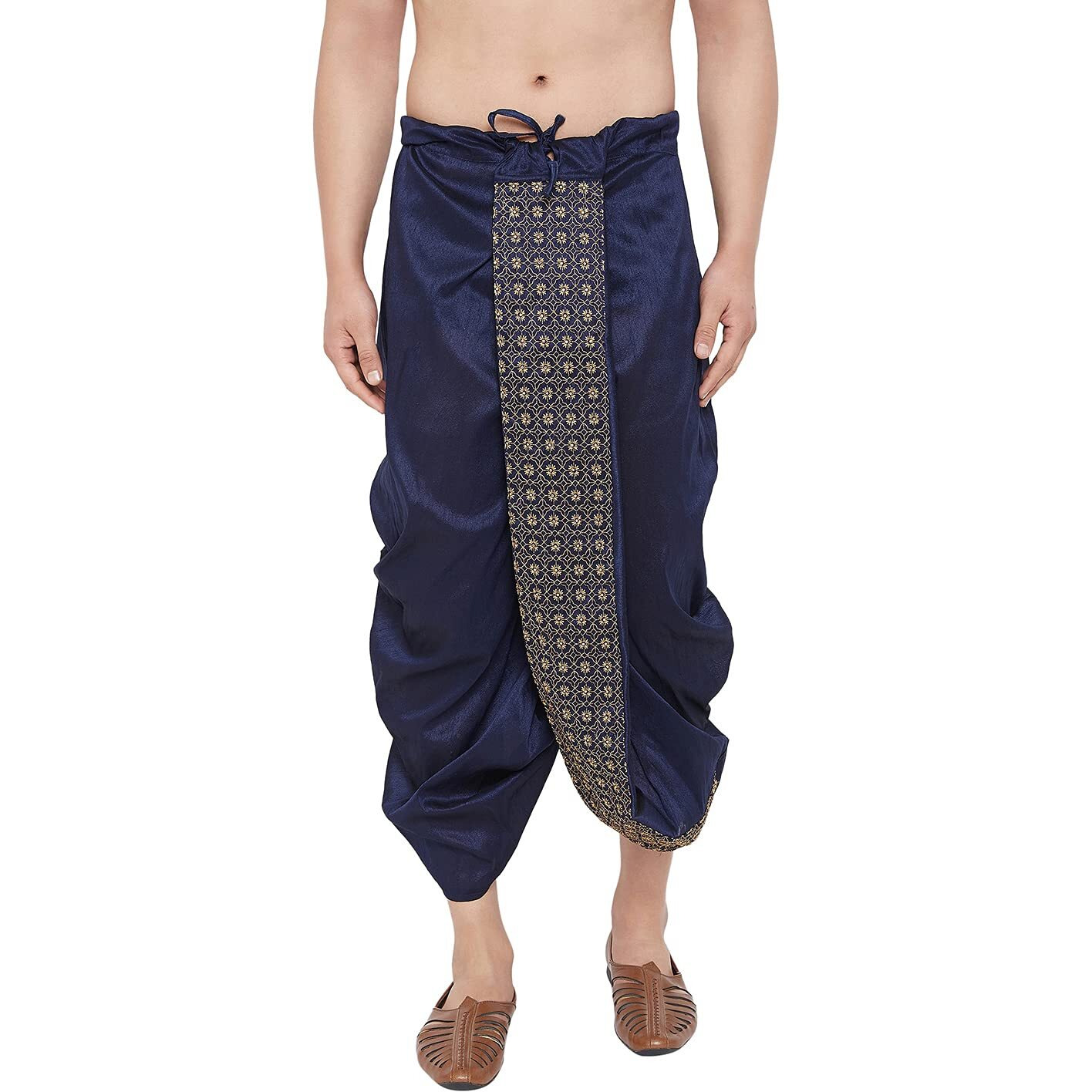VASTRAMAY Men's Navy Blue Embroidred Ethnic Dhoti(Gold_Free Size_VASMDT010NB)
