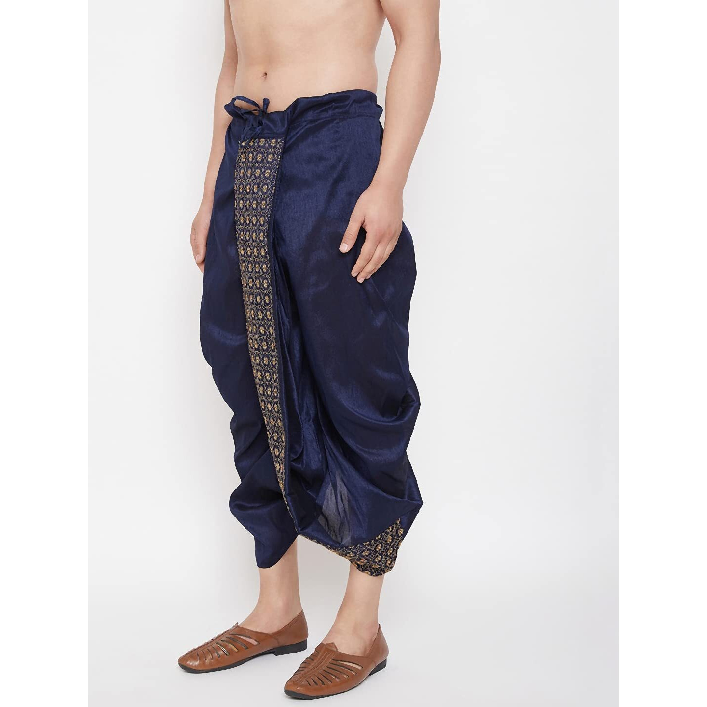 VASTRAMAY Men's Navy Blue Embroidred Ethnic Dhoti(Gold_Free Size_VASMDT010NB)
