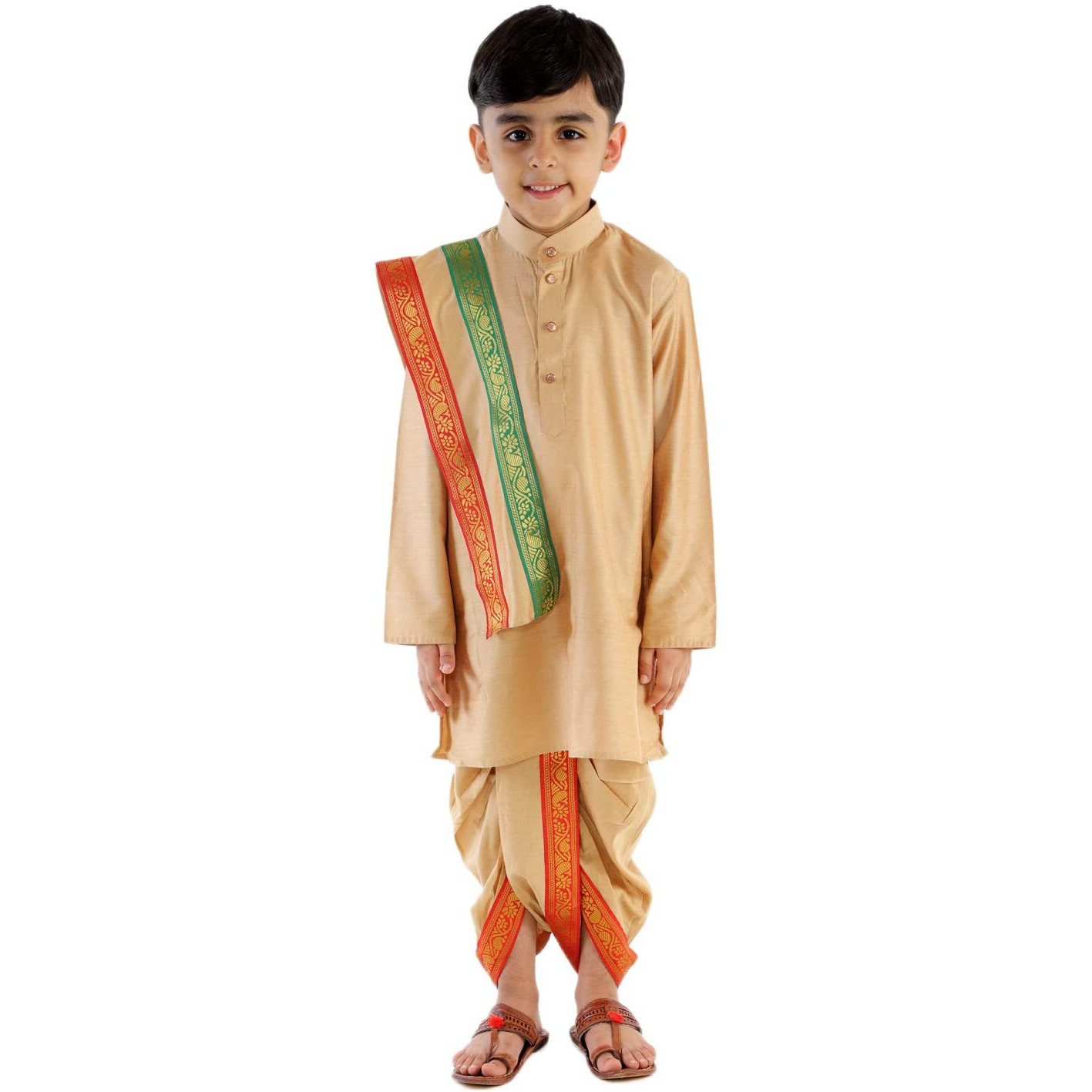 VASTRAMAY Boys' Rose Gold Kurta, Dhoti and Dupatta Set, Full Sleeve Cotton Blend with Mandarin Collar, Traditional South Indian Style Ethnic Wear for Festive & Wedding Celebrations